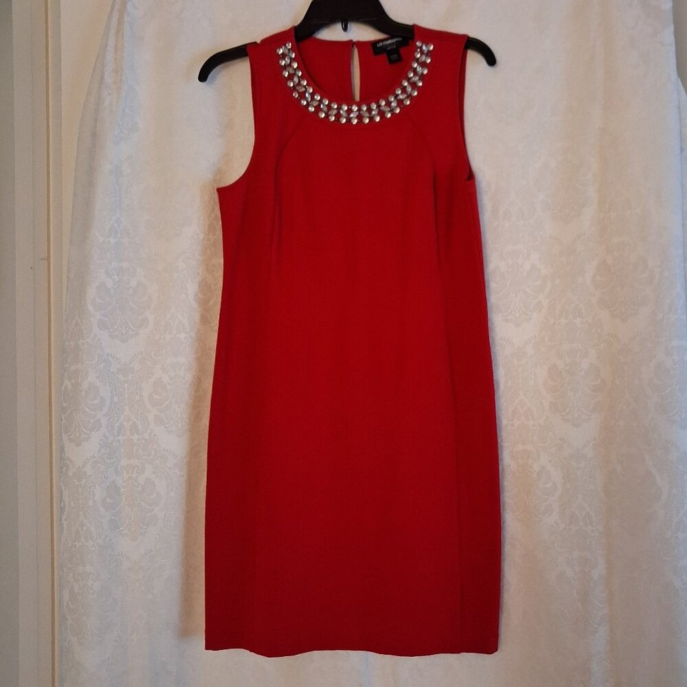 Short, Sleeveless Bright Red Dress with Sparkly Crystal Jeweled Neckline